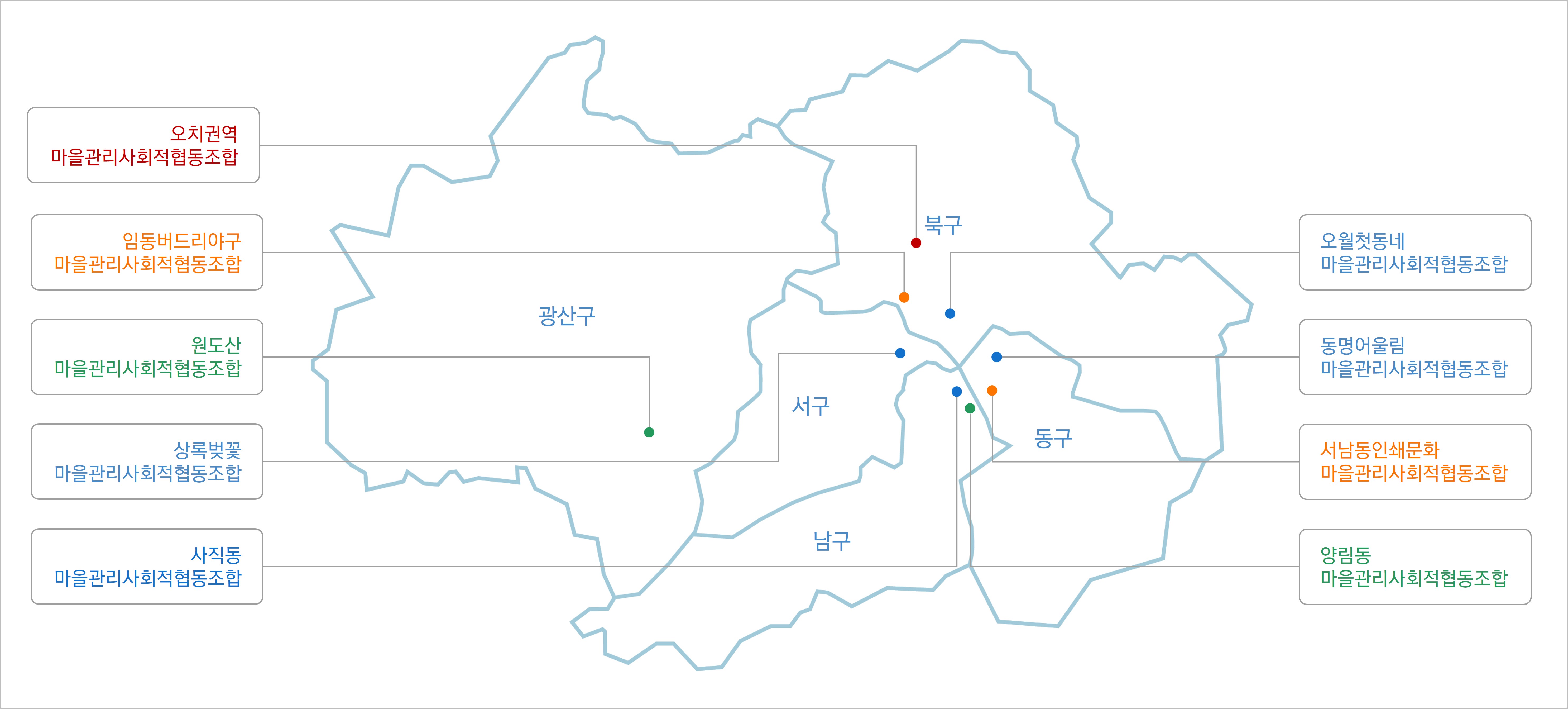 광주광역시 구 별 마을관리사회적협동조합 위치를 표시한 지도 이미지